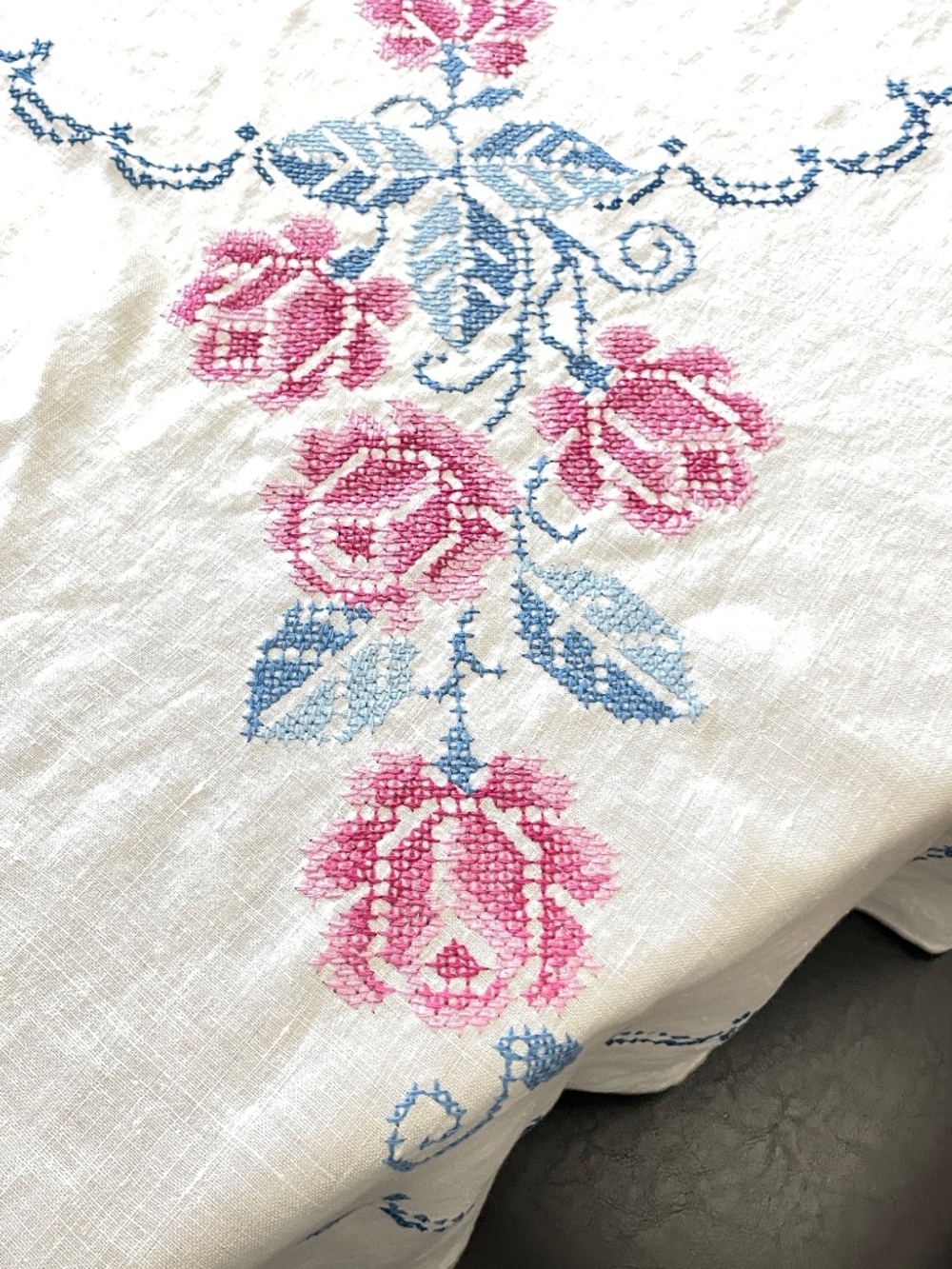 Vintage 64" Round Hand Embroidered Roses Linen Tablecloth Pink Blue - Picture 9 of 16